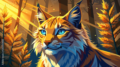 Golden sunlight bathes a majestic lynx, its piercing blue eyes gleaming in a tilt-shift forest