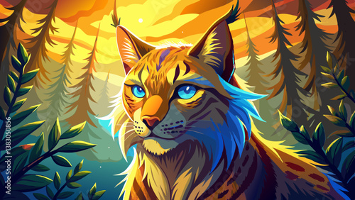 Golden sunlight bathes a majestic lynx, its piercing blue eyes gleaming in a tilt-shift forest