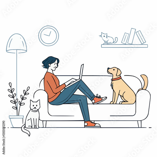 A person comfortably working from home with their pets. A cat and a dog are shown in this illustration