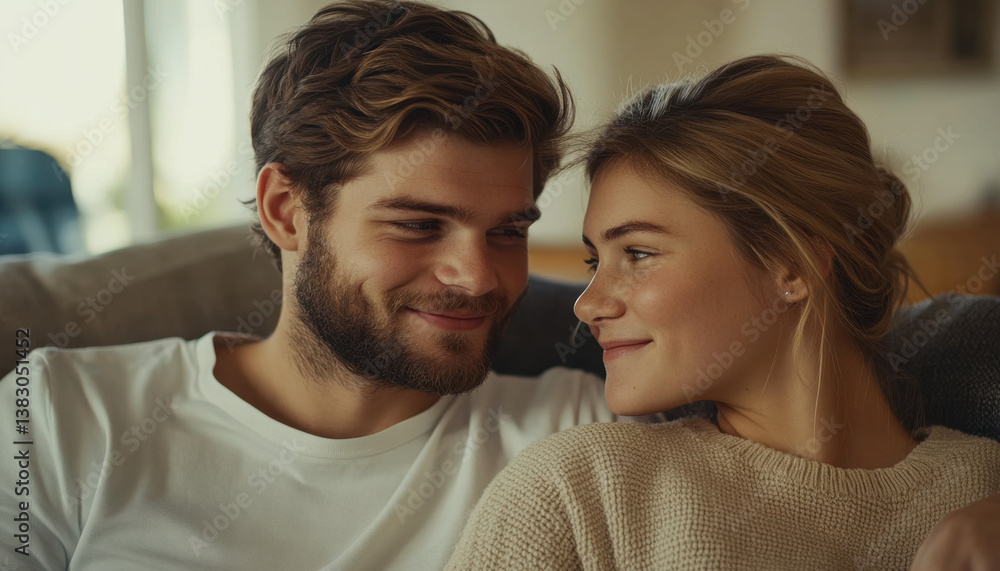Happy couple sits close on their sofa, smiling at each other in their warm and inviting home during a peaceful afternoon Happy couple sits close on their sofa, smiling at each other in their warm and inviting home during a peaceful afternoon