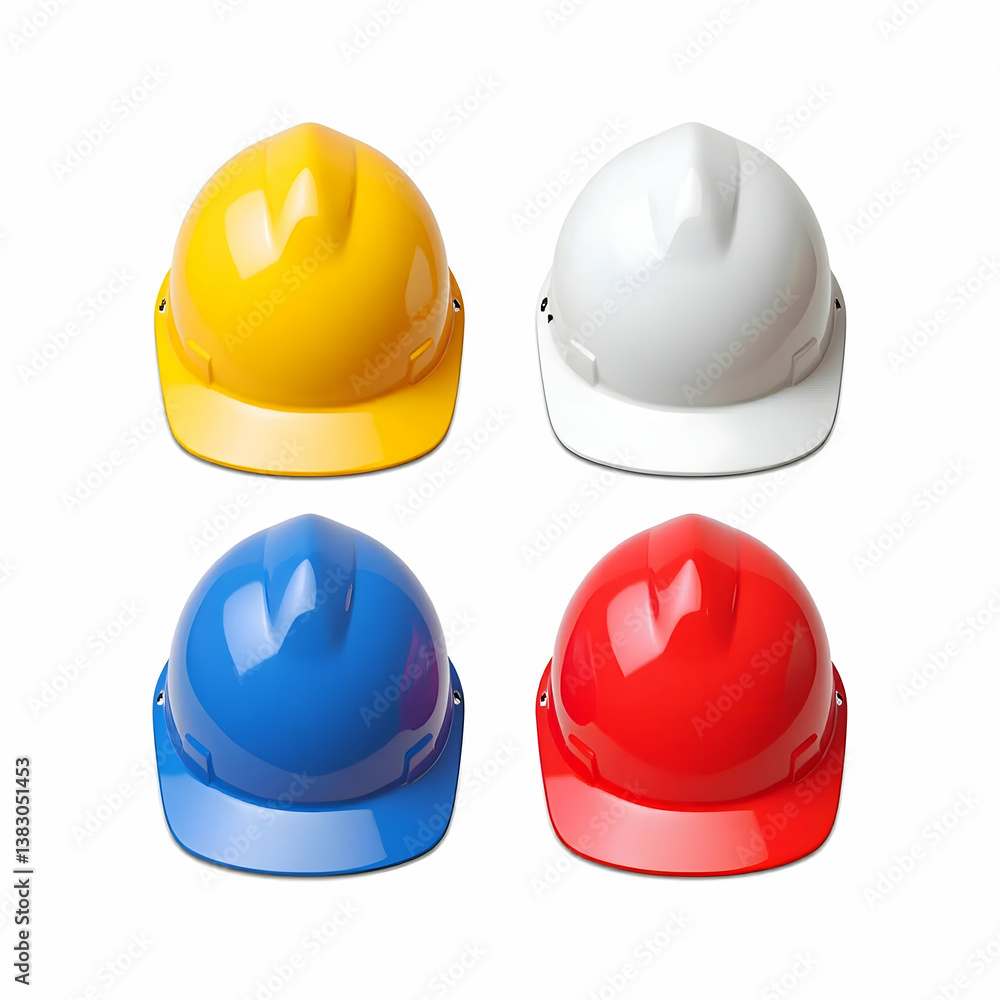 Fototapeta premium Colorful Construction Helmets Displayed on White Background for Workplace Safety