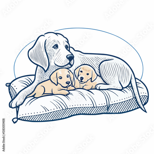 A mother dog and her two puppies resting together on a pillow. They appear relaxed and comfortable