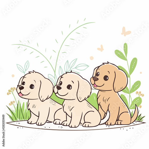 Three adorable puppies sitting happily together in a charming outdoor scene. Their playful nature and cute expressions evoke warmth and joy. The image highlights the innocence and friendship