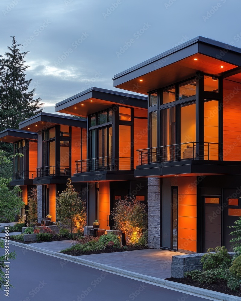 Fototapeta premium Modern townhouses with warm lighting at dusk showcasing contemporary architecture and landscape design creating inviting urban living space