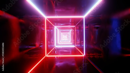 VJ tunnel with neon glow light. 3d render illustration.