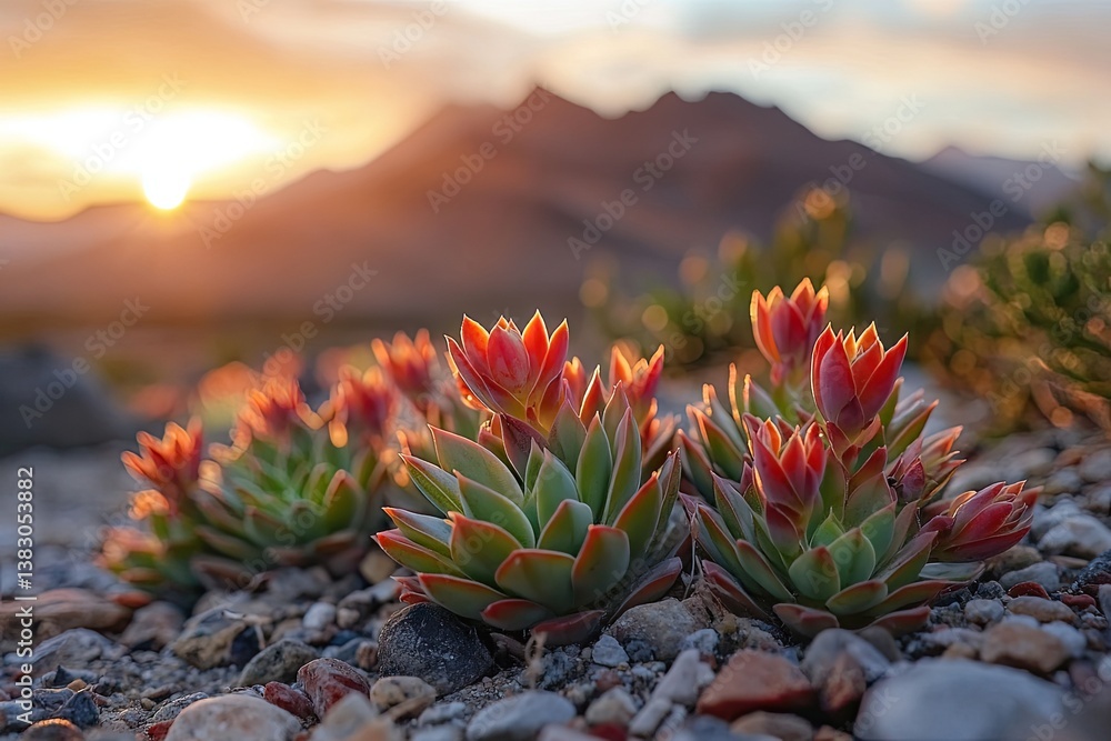 Sunset illuminates vibrant succulents in a rocky desert landscape Sunset illuminates vibrant succulents in a rocky desert landscape