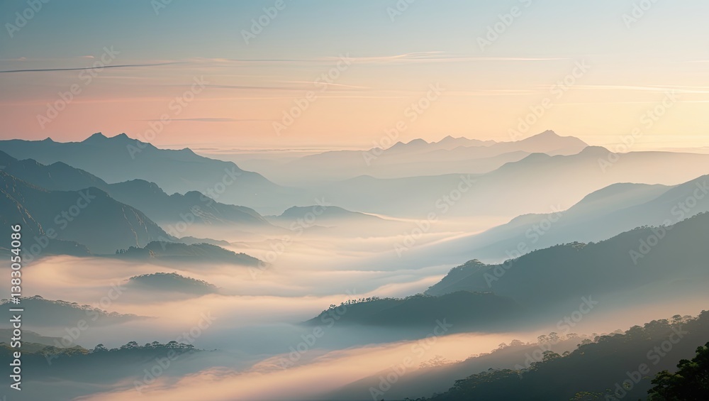 Obraz premium Stunning landscape of misty mountains at sunrise, showcasing calm pastel hues and serene natural beauty.