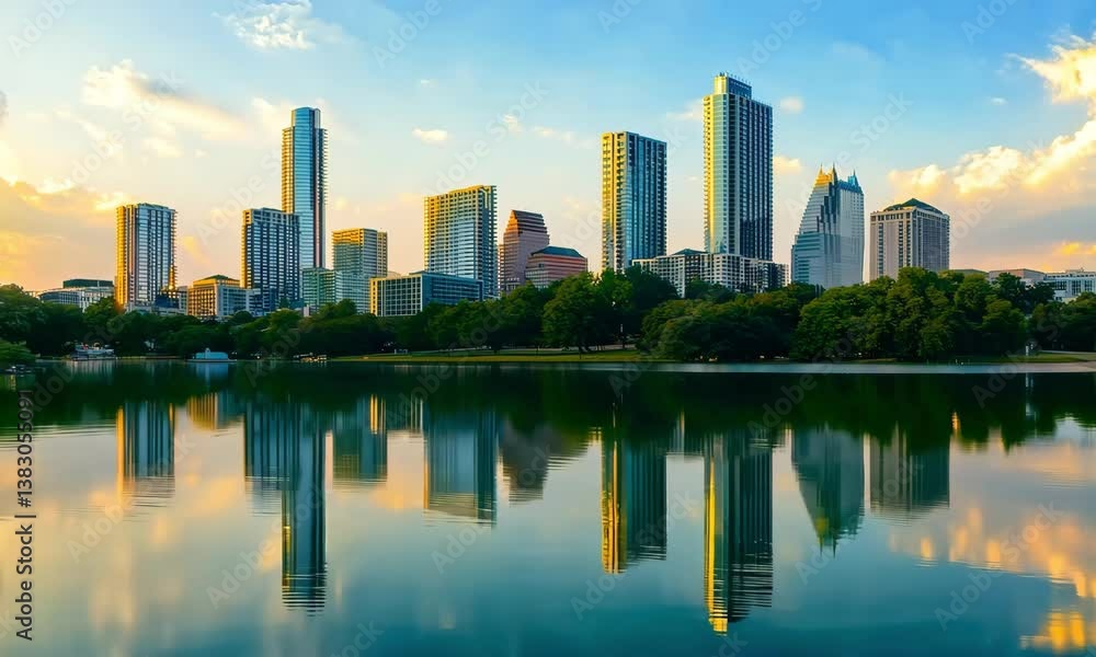 Urban skyline with reflections in a lake Urban skyline with reflections in a lake