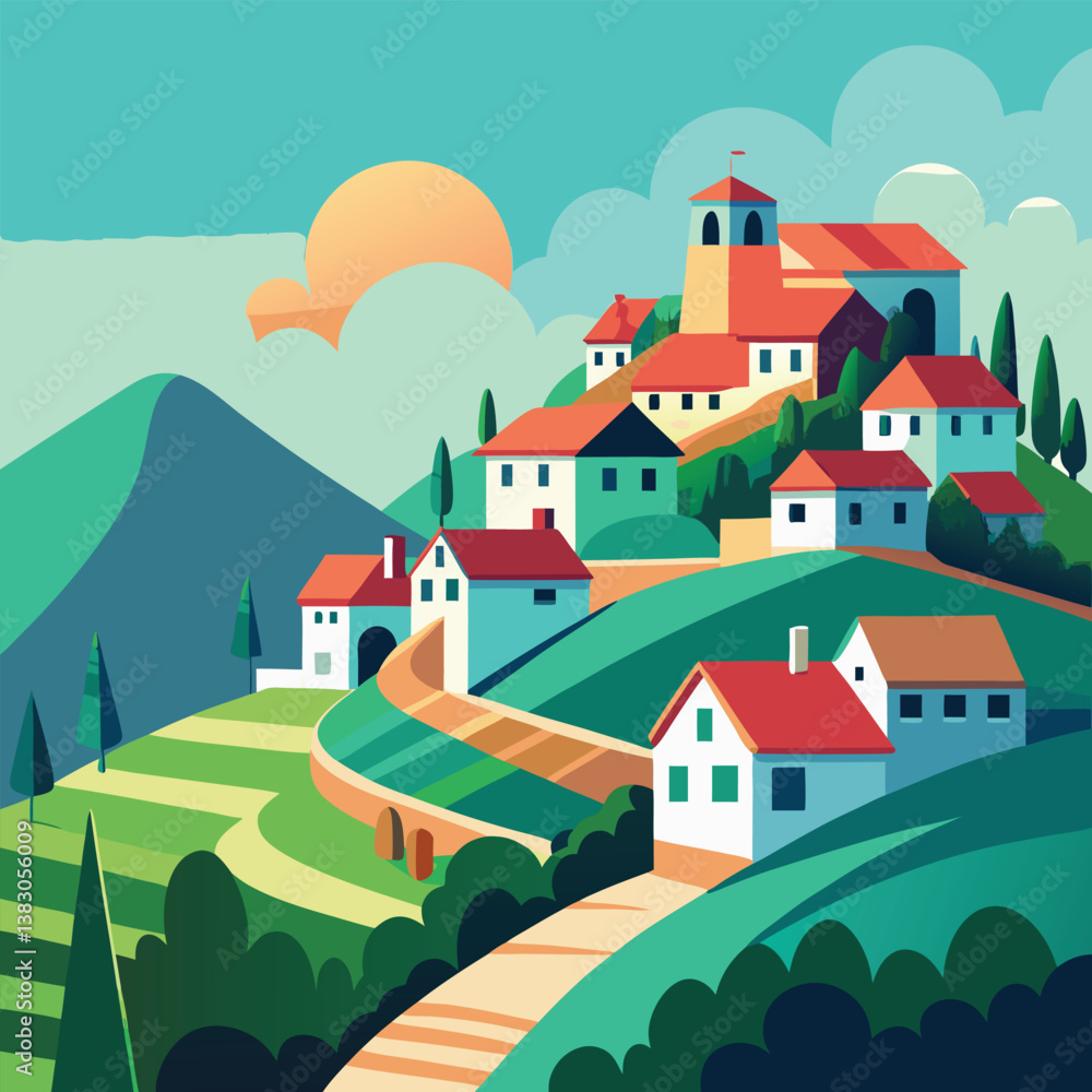 Idyllic Mountain Village Surrounded by Green Fields and Traditional Homes with Red Roofs Idyllic Mountain Village Surrounded by Green Fields and Traditional Homes with Red Roofs