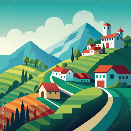 Colorful Cartoon-Style Illustration of a Serene Hilltop Town with Farm Fields and Pathways