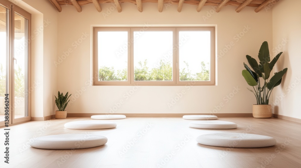 A serene, minimalist meditation space featuring circular cushions, large windows with natural light, and indoor plants for a calming atmosphere. A serene, minimalist meditation space featuring circular cushions, large windows with natural light, and indoor plants for a calming atmosphere.