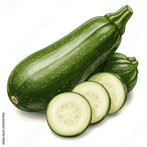Fresh zucchini and sliced pieces on a white background  