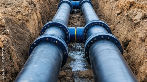 Wallpaper Mural A close-up view of blue pipes installed underground, surrounded by soil, indicating a water distribution or utility project. Torontodigital.ca