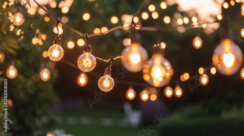 A cozy outdoor scene featuring string lights illuminating a garden, creating a warm and inviting atmosphere during twilight.