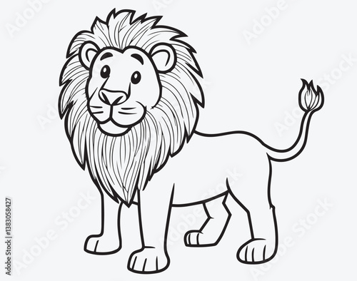 A black-and-white outline of a lion roaring with a large mane, designed for children's coloring books. The minimalist line art with a transparent background allows for endless creative coloring.
