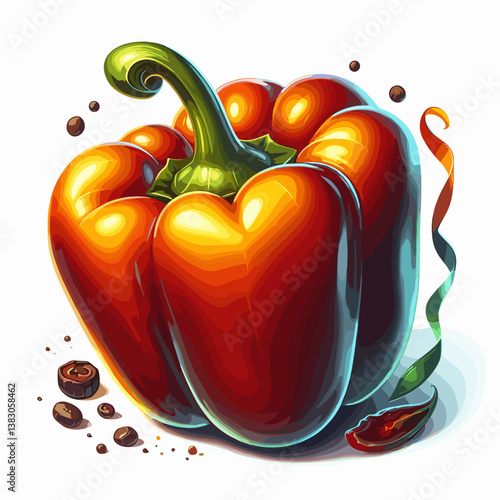 Vibrant red bell pepper surrounded by coffee beans in a playful style  