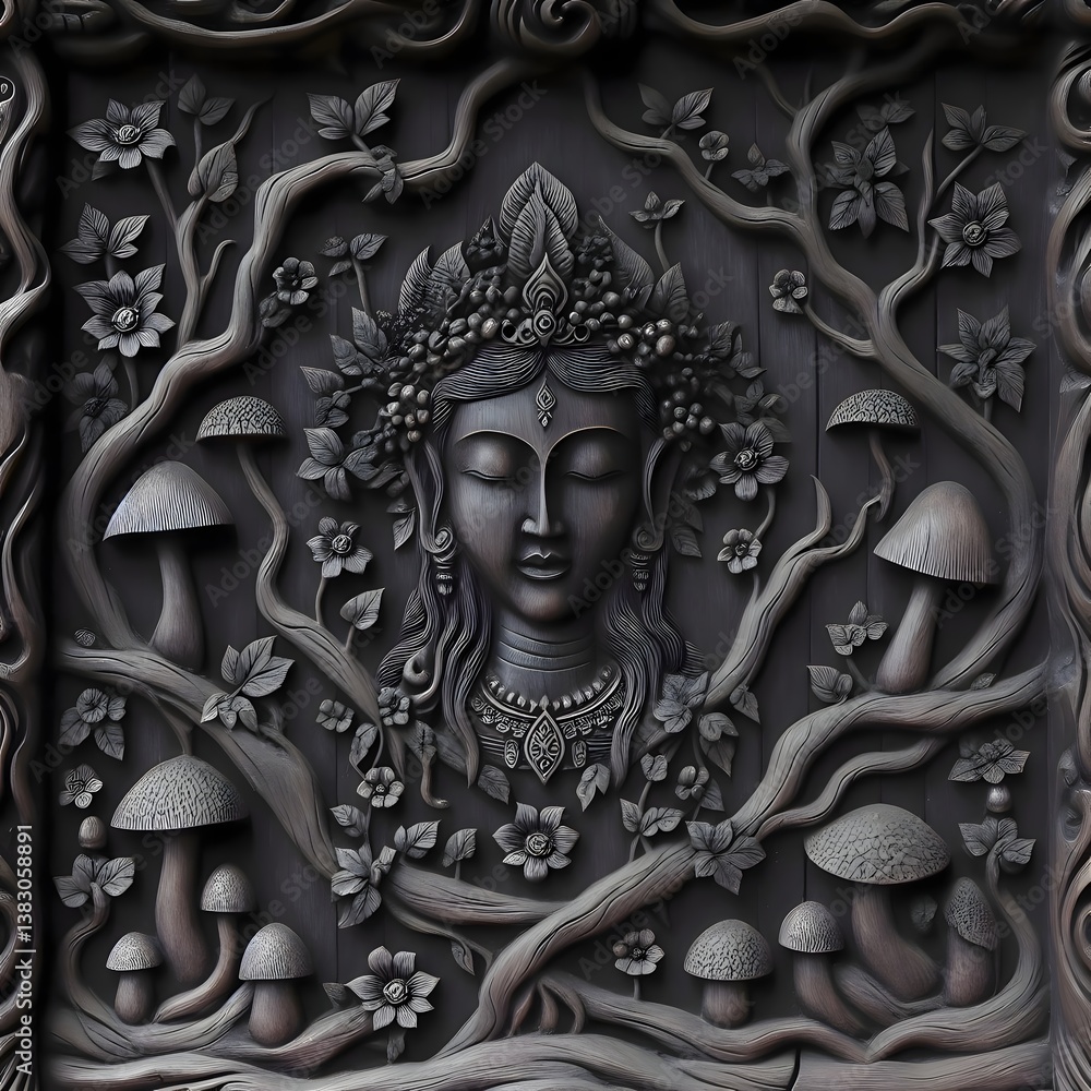 a mythical creature, such as a forest spirit or woodland deity, with intricate details like vines, mushrooms, or flowers growing from it a mythical creature, such as a forest spirit or woodland deity, with intricate details like vines, mushrooms, or flowers growing from it