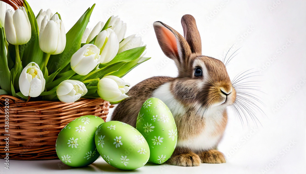 Easter background with rabbit, green eggs and white tulips