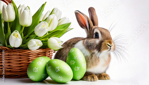 Obraz na płótnie Easter background with rabbit, green eggs and white tulips w salonie