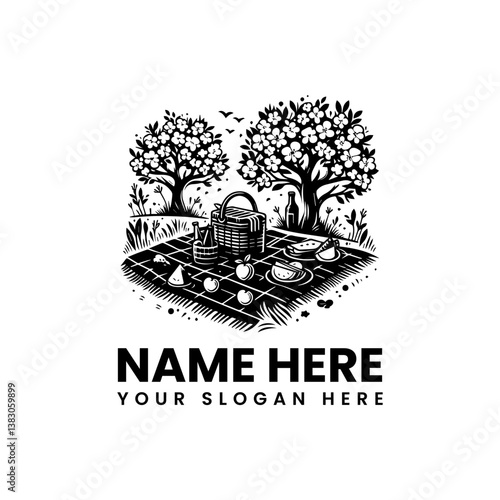 Vintage Vector Picnic Basket and Setting Silhouette. Classic Black and White Motif