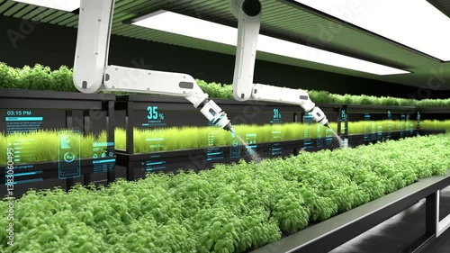 Smart robot farmers are working with digital display data, Agriculture technology, Farm automation