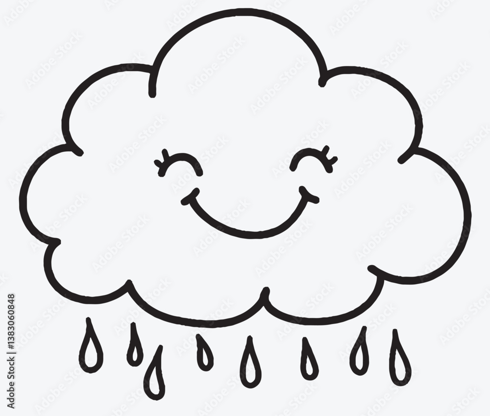 A Cute Outline of a Smiling Cloud with Raindrops, a drawing of no color, children coloring books and illustrations, Vector EPS, transparent background, minimalist line art. A Cute Outline of a Smiling Cloud with Raindrops, a drawing of no color, children coloring books and illustrations, Vector EPS, transparent background, minimalist line art.
