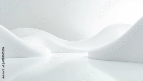 A minimalistic abstract background with smooth, flowing white curves and light reflections. The scene features a clean, futuristic style with a glossy floor that reflects soft, dynamic wave-like shape