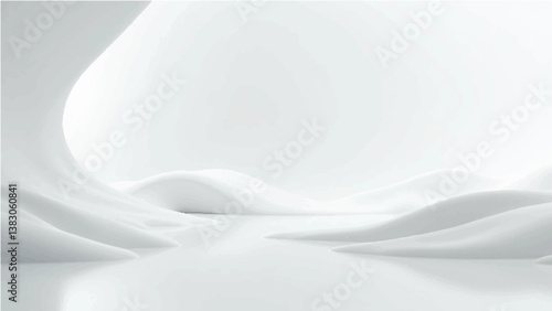 A minimalistic abstract background with smooth, flowing white curves and light reflections. The scene features a clean, futuristic style with a glossy floor that reflects soft, dynamic wave-like shape