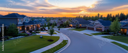 Low-density private residences at dusk. Rural cul-de-sac dead end in residential suburbs with upscale suburban homes outside of suburbs.