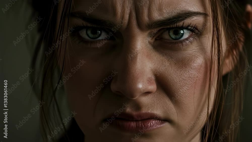 Intense close-up of a woman showing strong emotions in a dramatic setting during an intense moment Intense close-up of a woman showing strong emotions in a dramatic setting during an intense moment