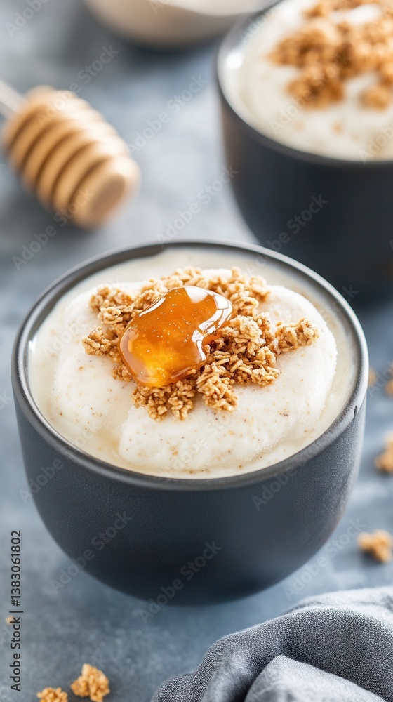 Delicious creamy frozen yogurt topped with crunchy granola and a drizzle of golden honey in a dark gray bowl photographed from a high angle showcasing its texture and appealing Delicious creamy frozen yogurt topped with crunchy granola and a drizzle of golden honey in a dark gray bowl photographed from a high angle showcasing its texture and appealing