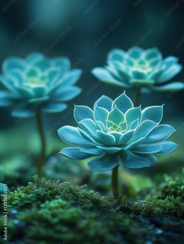 Serene teal succulents amidst lush moss a tranquil botanical scene capturing nature's beauty in soft light Serene teal succulents amidst lush moss a tranquil botanical scene capturing nature's beauty in soft light