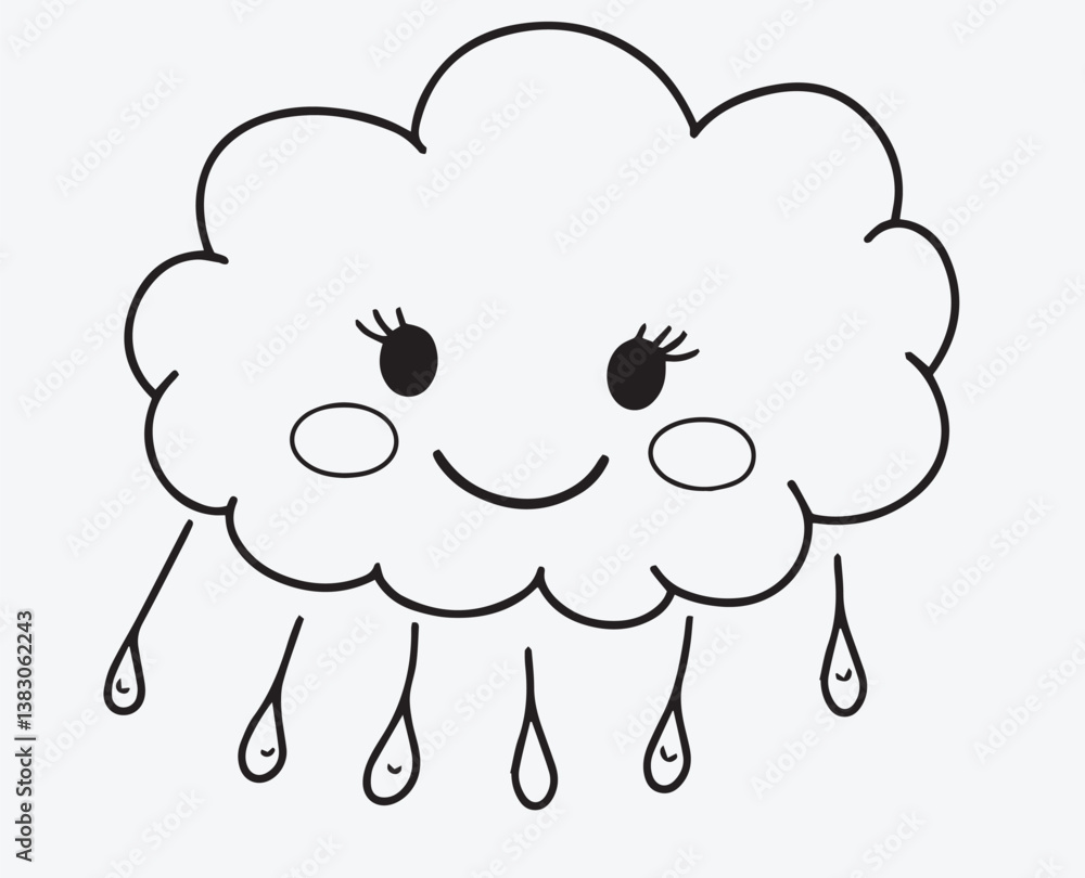 A Happy Outline of a Smiling Cloud with Raindrops, a drawing of no color, children coloring books and illustrations, Vector EPS, transparent background, minimalist line art. A Happy Outline of a Smiling Cloud with Raindrops, a drawing of no color, children coloring books and illustrations, Vector EPS, transparent background, minimalist line art.