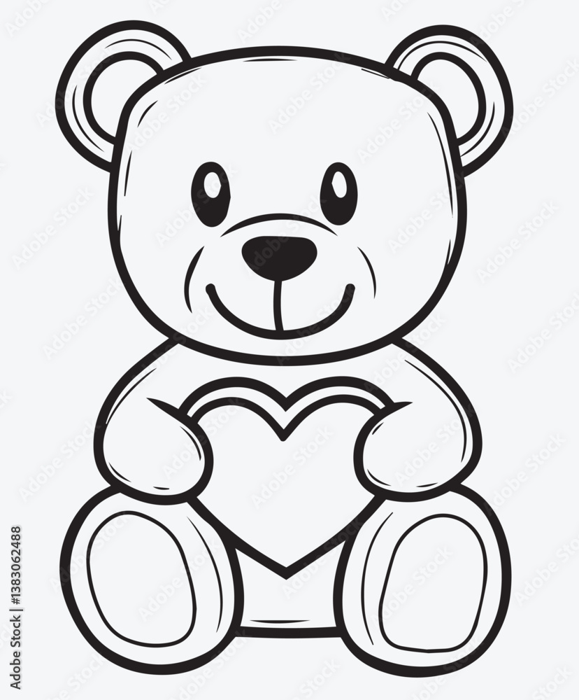 Obraz premium A Heartwarming Outline of a Teddy Bear Holding a Heart, a drawing of no color, children coloring books and illustrations, Vector EPS, transparent background, minimalist line art.