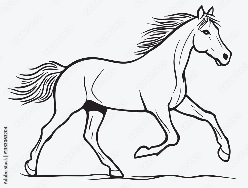 A minimalist vector outline of a horse in black and white, perfect for children's coloring books and illustrations. The design features simple line art with a transparent background, offering creative A minimalist vector outline of a horse in black and white, perfect for children's coloring books and illustrations. The design features simple line art with a transparent background, offering creative