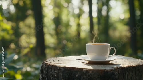 A cup of tea placed on a tree stump in the woods