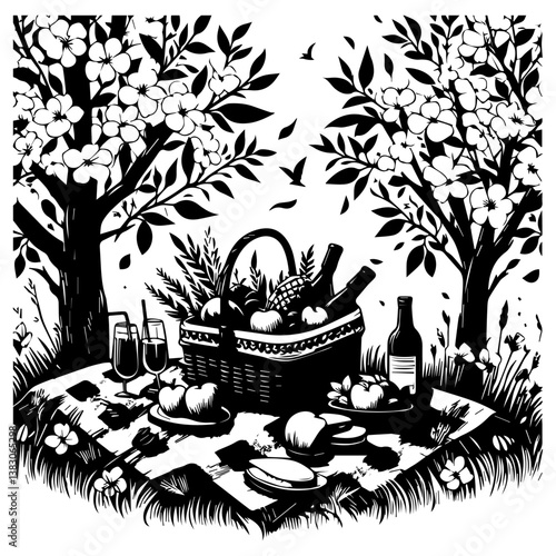 Detailed Picnic Landscape Composition Vector Graphic. Retro Black and White Design