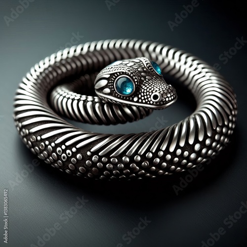 A coiled snake motif in metal with gemstone eyes symbolizing tra
