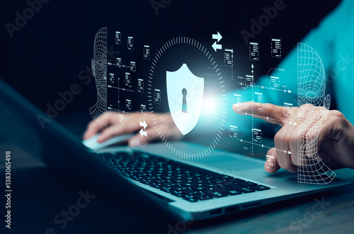 Deepfake  concept ,Facial tracking, detection and recognition technology, Security system.Cyber security and Security password login online concept