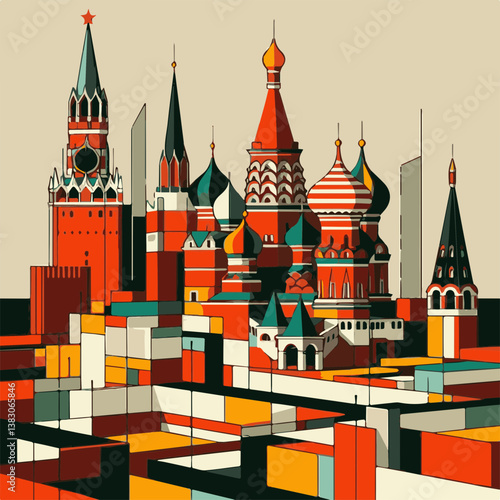 Contemporary Geometric Illustration of Moscow Skyline with Iconic Architecture and Modern Elements