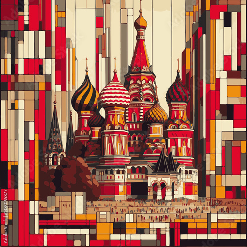 Vibrant Cubist Architectural Interpretation of Saint Basil's Cathedral with Energetic Geometric Composition