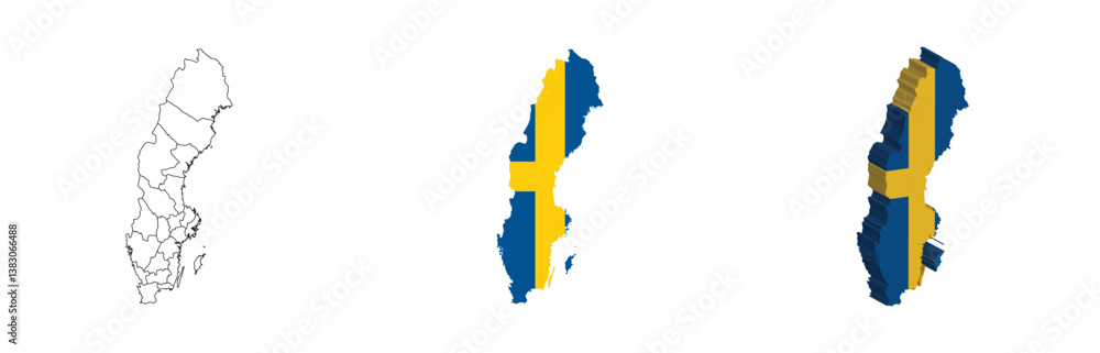Obraz premium Sweden outline, fill with flag and 3d map