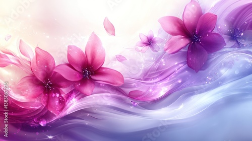 Flowers float on a dreamy pastel landscape background for greeting cards