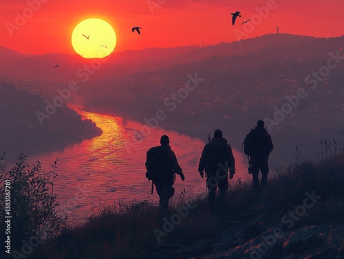 Hikers climb mountain at sunset river view; landscape travel, adventure and outdoor use