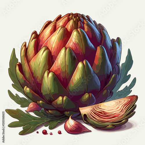 Fresh Artichoke with Leaves and Slice on Light Background  