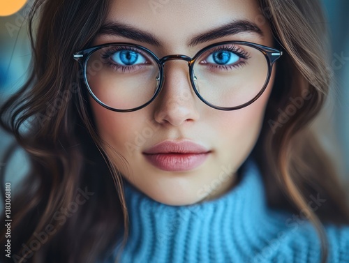 Portrait of a woman with blue eyes wearing eyeglasses in front of a blurred background