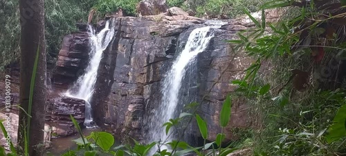 Cascading of freshwater steam, waterfall in tropical landscape and natural ecosystem in Sri Lanka
