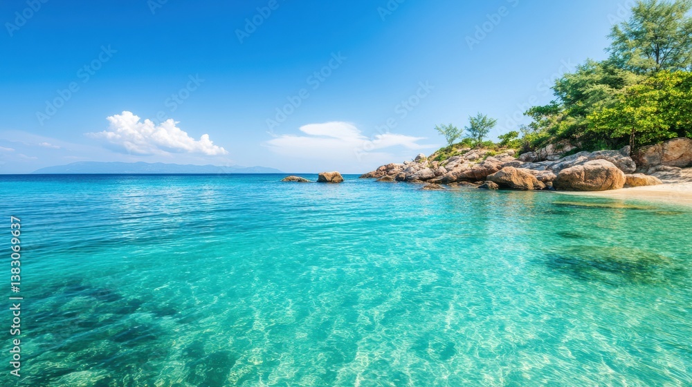 Fototapeta premium A serene beach scene featuring crystal-clear turquoise water, smooth rocks, and lush greenery under a bright blue sky with scattered clouds.