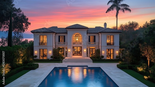 Luxury Mansion with Infinity Pool at Sunset