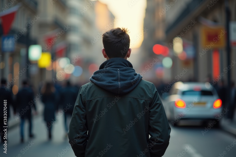 Fototapeta premium Man walking blurred city street sunset